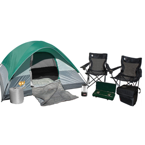 Getaway Camping Package with one Coleman Go! 4-person Tent, one BatteryGuard Lantern 200L, two mesh quad chairs, two Bryce Warm Weather Sleeping Bags, one 54-Can Collapsible soft cooler, and one 2 Burner Propane Stove