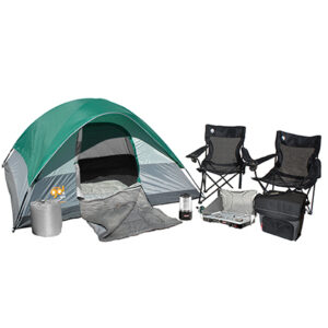 Getaway Camping Package with one Coleman Go! 4-person Tent, one BatteryGuard Lantern 200L, two mesh quad chairs, two Bryce Warm Weather Sleeping Bags, one 54-Can Collapsible soft cooler, and one 2 Burner Propane Stove