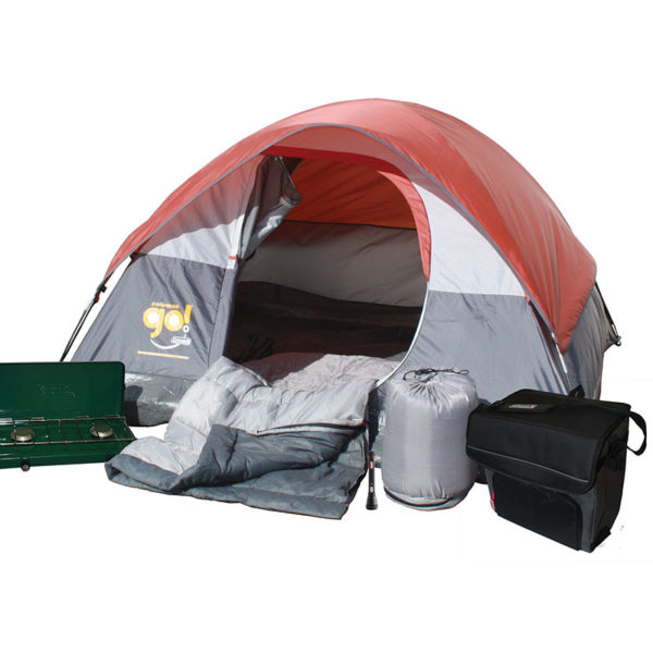 Weekender Camping Package with one Coleman Go! 3-person tent, one 2 Burner Propane Stove, two Bryce Warm Weather Sleeping Bags, one BatteryGuard 50M LED Flashlight, and one 54-Can Collapsible Soft Cooler