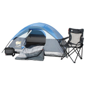 2-Person Go! Tent, 9-Can Collapsible Cooler, Mesh Quad Chair, and Bryce Warm Weather Sleeping Bag.