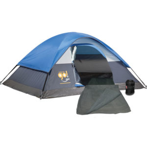 Warm Weather Camping Package with one Coleman Go! 2-person tent (blue) and two gray Stratus Fleece Sleeping Bags