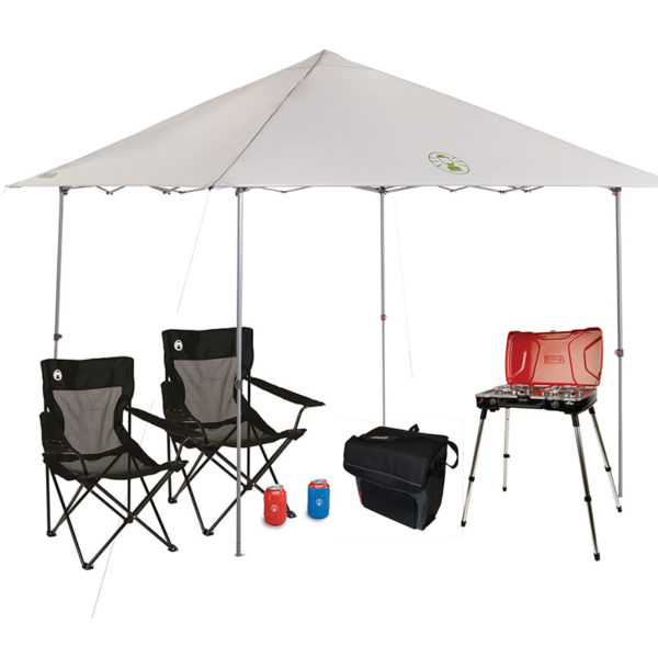Major League Tailgating Package with One Coleman Fyremajor 3n1 Propane Stove/Grill, One 10x10 Shelter, One 54-Can Collapsible Soft Cooler, two Mesh Quad Chair, two Can Koozie