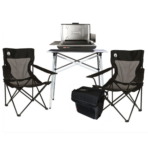 Tailgating Essential Package with One Table Top Propane Grill, One Compact Tailgating Table, One 34-Can Collapsible Soft Cooler, and Two Mesh Quad Chairs