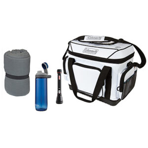 Coleman Essentials Package featuring One Gray Stratus Fleece Sleeping Bag, One white 36 house marine cooler, one BatteryGuard 50M LED Flashlight, and one Blue Chug Hydration bottle 24 oz