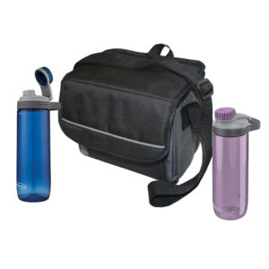 His & Hers Chug & Chill Package with 1 9-can Collapsible soft cooler, one purple Chug Hydration Bottle 24 oz, and one blue Chug Hydration Bottle 24 oz.