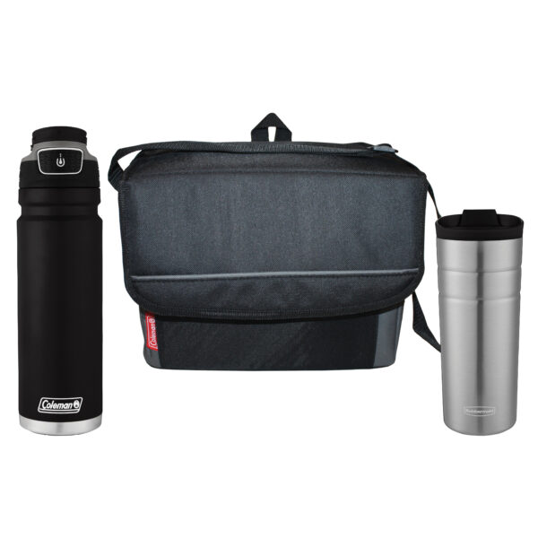 A black FreeFlow Hydration bottle, Thermal Cup and one black 18-can Collapsible Soft Cooler.