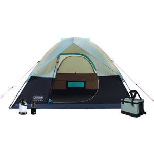 4-Person OneSource Dome Tent, 30-Can Klondike Soft Cooler, OneSource 600L Lantern, and OneSource Bluetooth Wireless Speaker
