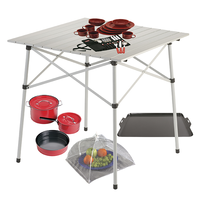 Compact Outdoor Table, Red 4-Person Dinner Set, Red Enamel Cookware Set, Aluminum Nonstick Griddle, and Food Cover.