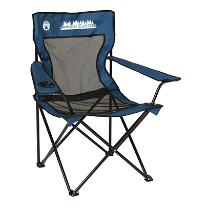 Blue Mesh Quad Chair with pocket with screen print on the front