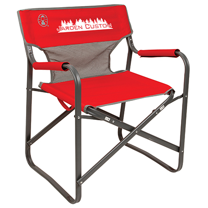 Red Steel Deck Chair with Mesh Back with Screen Print on Front