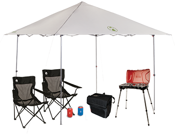 3in1 Coleman Fyremajor Propane Stove & Grill, 10x10 Shelter, 54-Can Collapsible soft cooler, two mesh quad chair with back pocket, two can koozie.