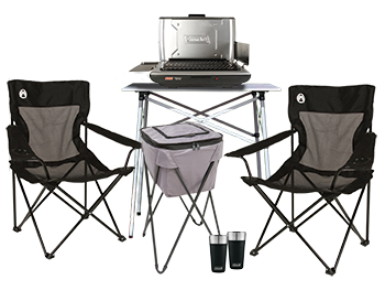 Table top propane grill, Compact tailgating table, Soft portable party cooler, two mesh quad chair w/ back pocket, two 20oz Brewski