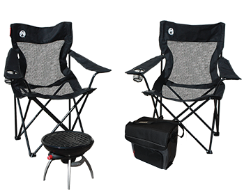 Two Mesh Quad Chairs, RoadTrip Party Propane Grill, and 34-Can Collapsible Soft Cooler