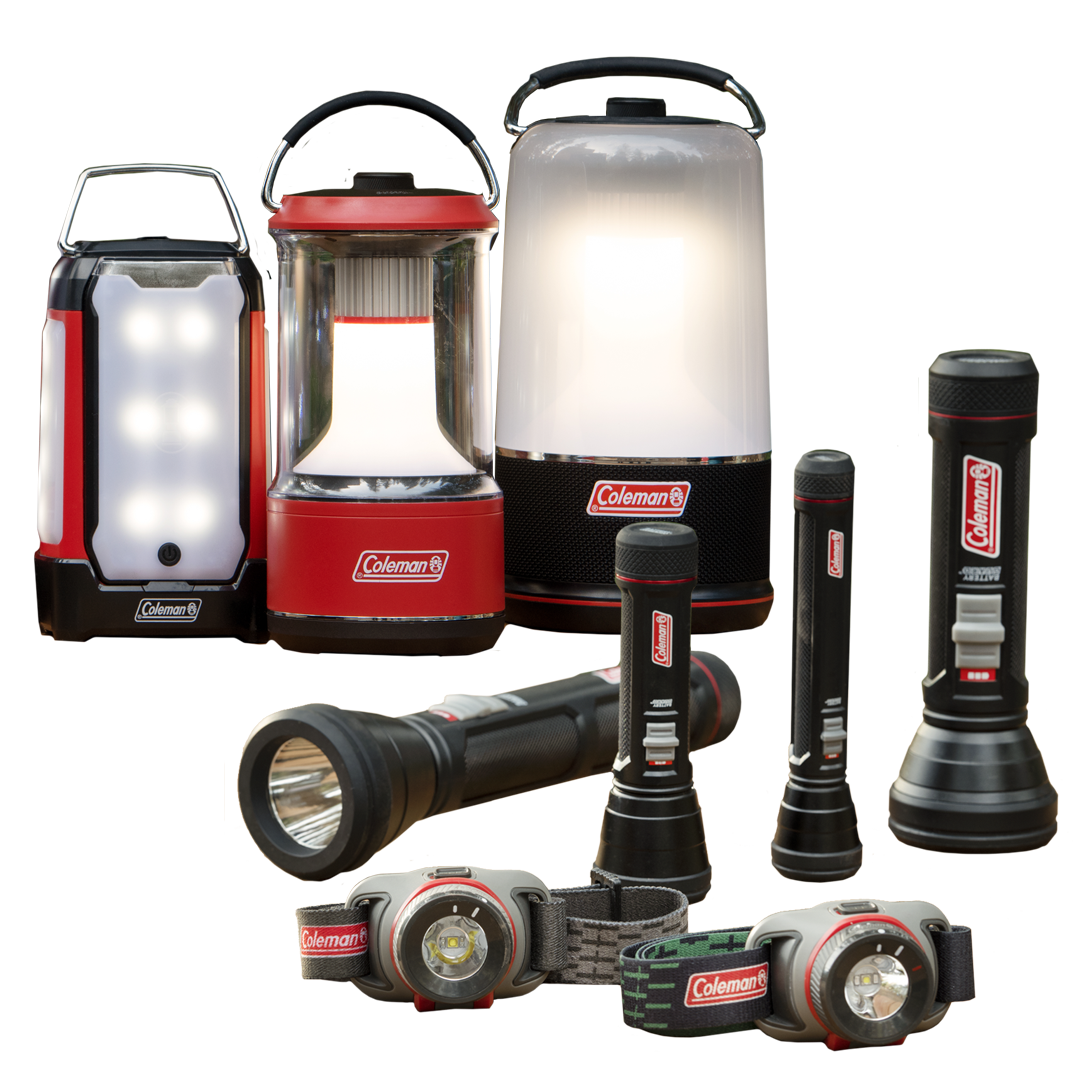 Coleman lantern, headlamps and flashlight grouping