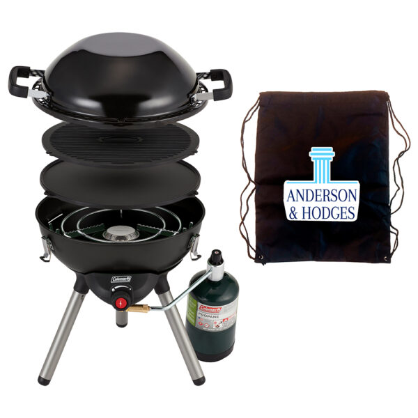 Black Coleman 4-1 Portable Propane Cooking System. Features three interchangeable cook top inserts (stove, wok and reversible griddle/grill). Removable legs and cook top inserts fit inside inverted wok for easy storage within the draw string carrying bag. Full Color Decal placed on the draw string carrying bag.